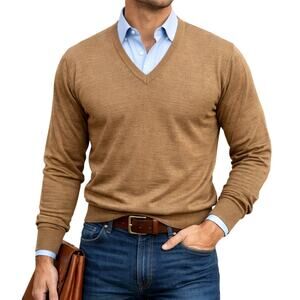 Vintage 60s Lord Men’s Med Jeff Brown V-Neck Sweater Camel Brown Orlon Wool USA